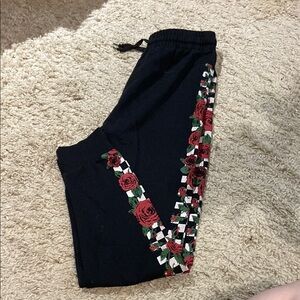 Black and Red Floral Sweatpants with Drawstring Waist